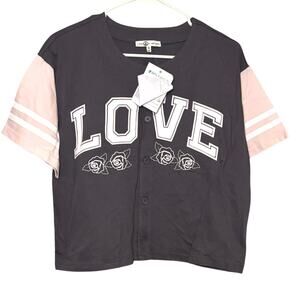 NWT Love & Lazy Days LOVE Graphic Button Front Baseball Tee Gray Pink M